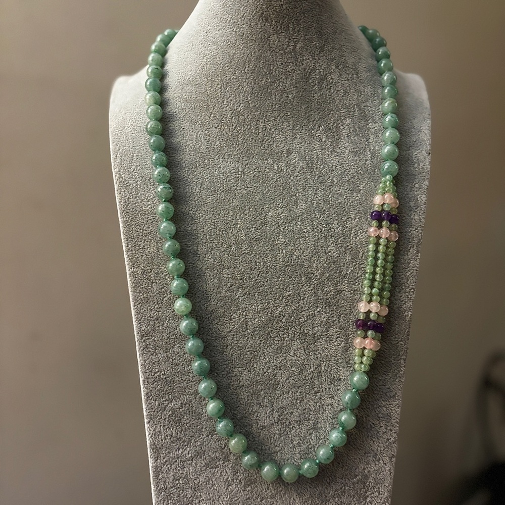 Vintage Jade, Amethyst & Rose Quartz Bead Necklace